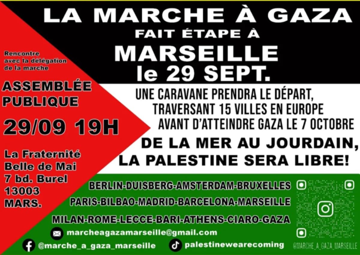 Cartel francés con información sobre la Marcha a Gaza