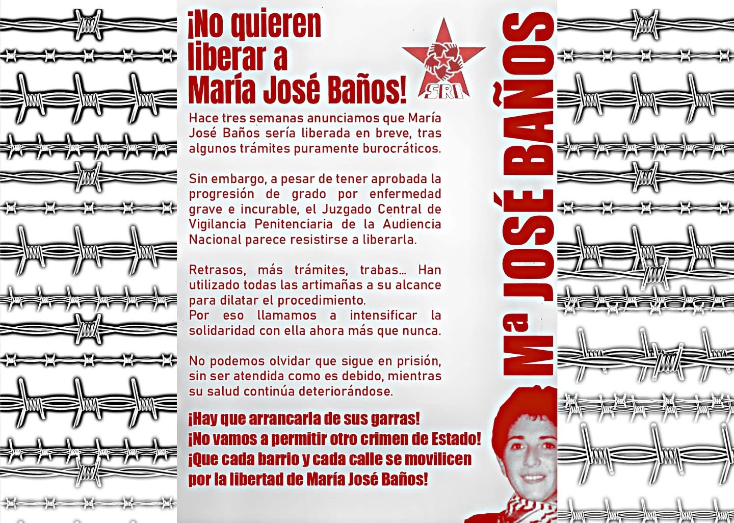 Diseño con el comunicado llamando a continuar la lucha por Mª José Baños