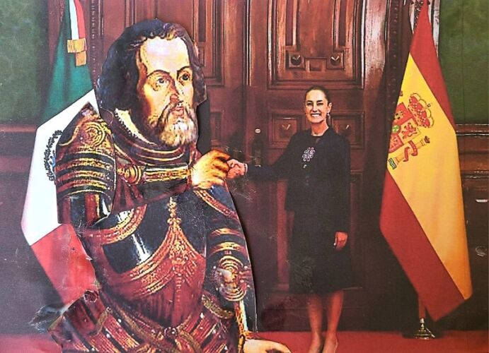 Imagen de Claudia Sheinbaum dando la mano a Hernán Cortés